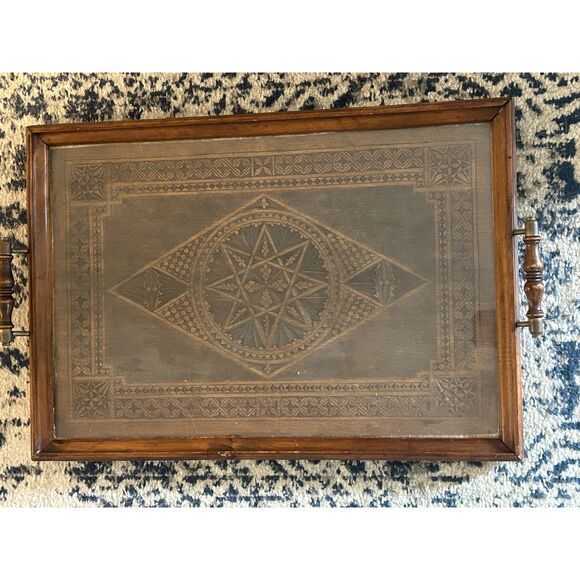 Vintage Hand-Carved Wooden Serving Tray with Glass — Ornate Geometric Star - Picture 2 of 7